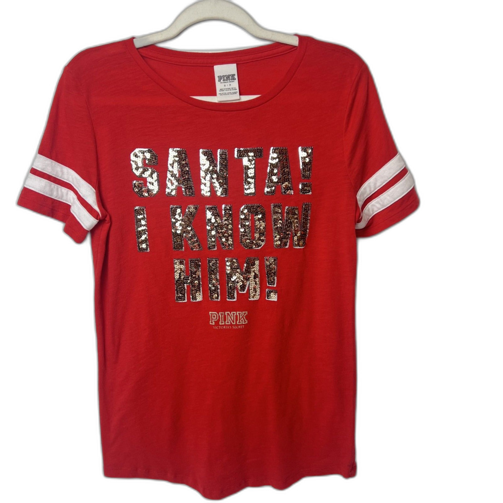 Red “Santa, I Know Him!” Christmas Shirt – Size S/P (Victoria’s Secret PINK)